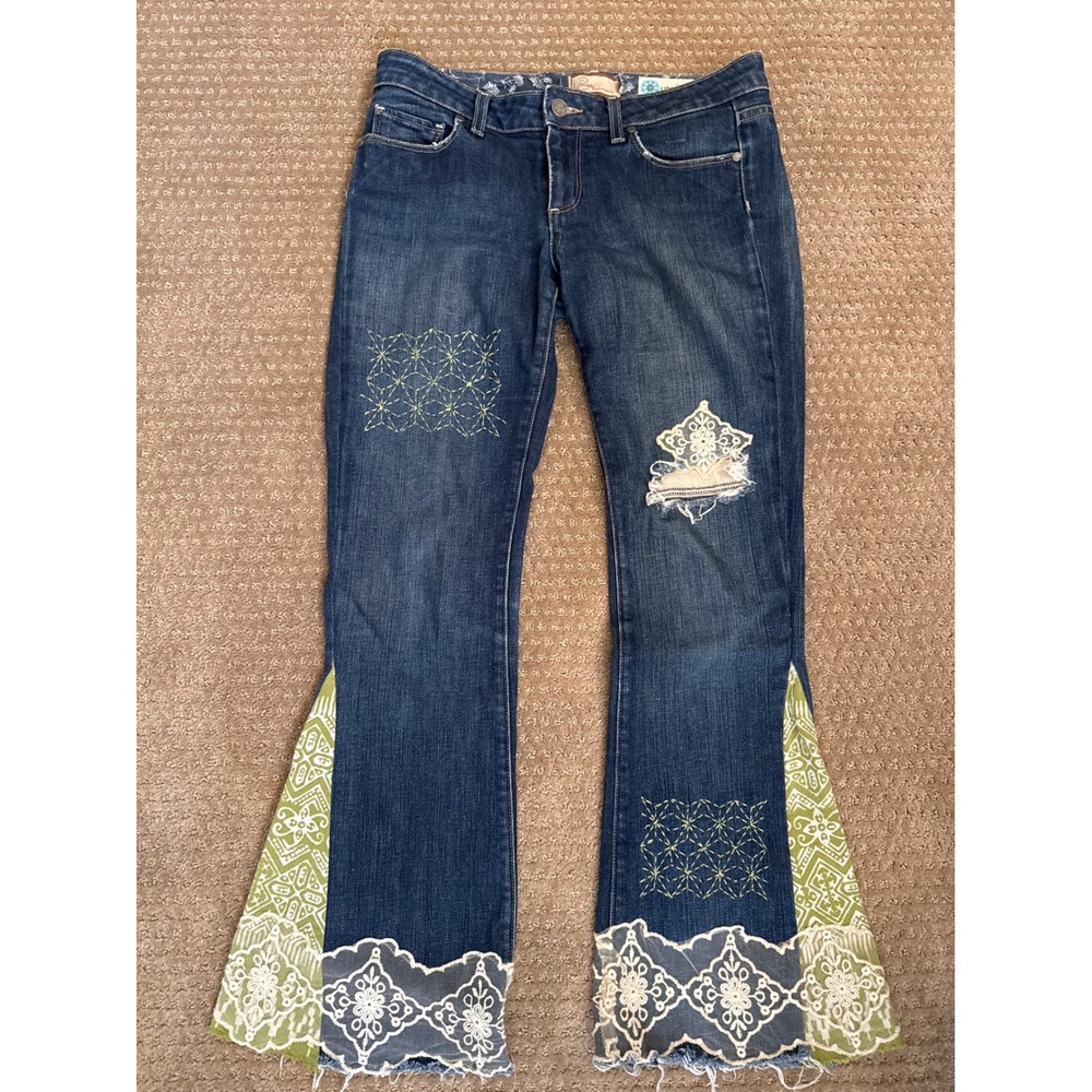 Paige Hollywood Hills Flare Jeans Blue Lace Patchwork Sashiko Embroidery 28